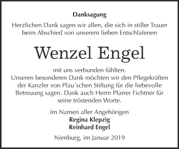Traueranzeige von Wenzel Engel von Super Sonntag Bernburg