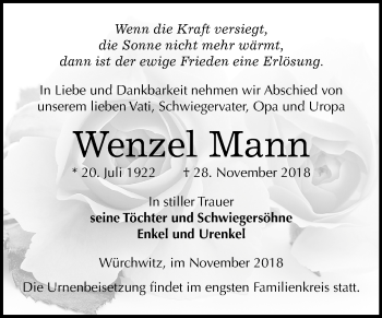 Traueranzeige von Wenzel Mann von Mitteldeutsche Zeitung Zeitz