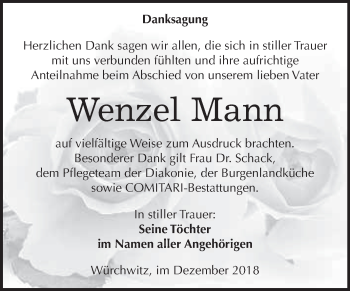 Traueranzeige von Wenzel Mann von Super Sonntag Zeitz