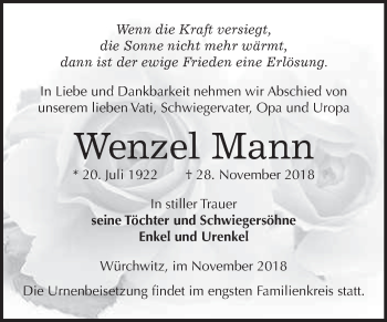 Traueranzeige von Wenzel Mann von Super Sonntag Zeitz