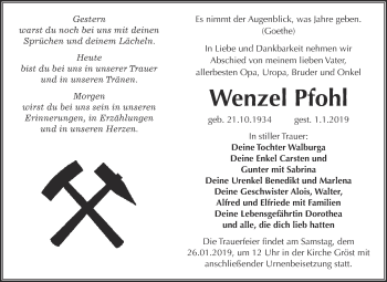 Traueranzeige von Wenzel Pfohl von WVG - Wochenspiegel Merseburg