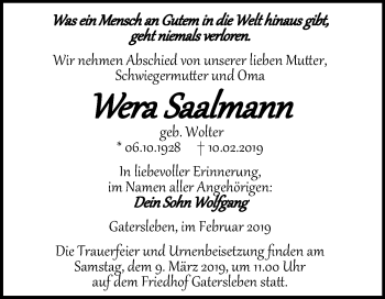 Traueranzeige von Wera Saalmann von Mitteldeutsche Zeitung Aschersleben
