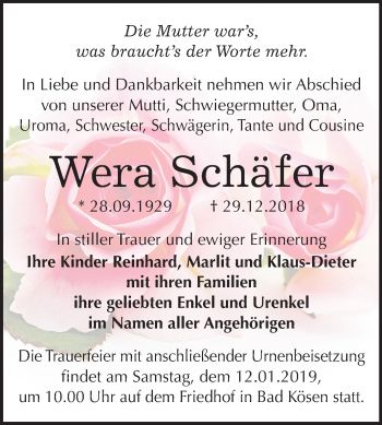 Traueranzeige von Wera Schäfer von Mitteldeutsche Zeitung Naumburg/Nebra