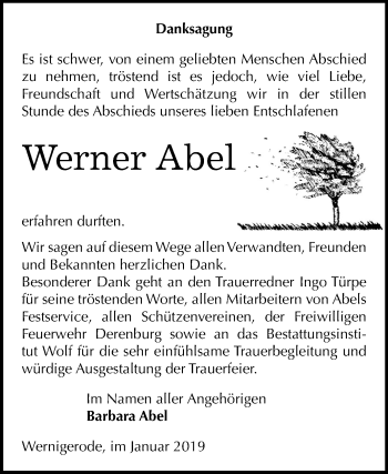Traueranzeige von Werner Abel von Mitteldeutsche Zeitung Quedlinburg