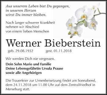 Traueranzeige von Werner Bieberstein von WVG - Wochenspiegel Merseburg