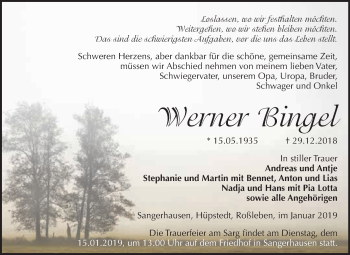 Traueranzeige von Werner Bingel von Super Sonntag SGH Mansf. Land
