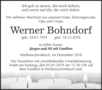 Traueranzeige von Werner Bohndorf von WVG - Wochenspiegel Merseburg
