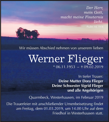 Traueranzeige von Werner Flieger von Mitteldeutsche Zeitung Quedlinburg