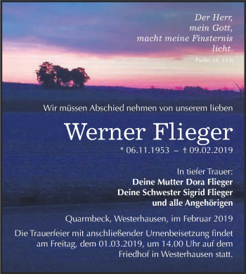 Traueranzeige von Werner Flieger von Super Sonntag Quedlinburg