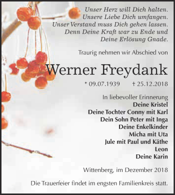 Traueranzeige von Werner Freydank von WVG - Wochenspiegel Wittenberg