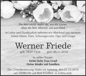 Traueranzeige von Werner Friede von Super Sonntag Wittenberg