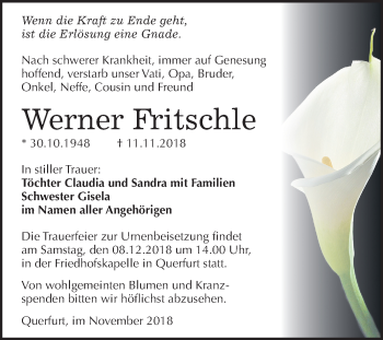 Traueranzeige von Werner Fritschle von Mitteldeutsche Zeitung Merseburg/Querfurt