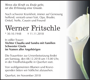 Traueranzeige von Werner Fritschle von WVG - Wochenspiegel Merseburg