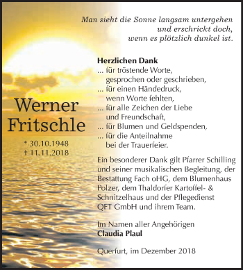 Traueranzeige von Werner Fritschle von Super Sonntag SGH Mansf. Land