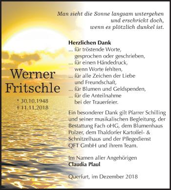 Traueranzeige von Werner Fritschle von Mitteldeutsche Zeitung Merseburg/Querfurt