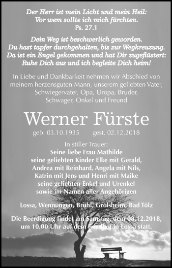 Traueranzeige von Werner Fürste von Mitteldeutsche Zeitung Naumburg/Nebra