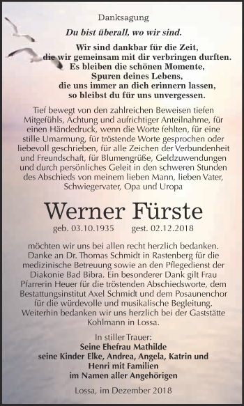 Traueranzeige von Werner Fürste von WVG - Wochenspiegel NMB / WSF / ZTZ