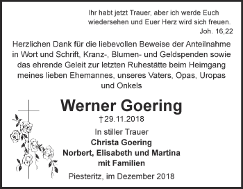 Traueranzeige von Werner Goering von Super Sonntag Wittenberg
