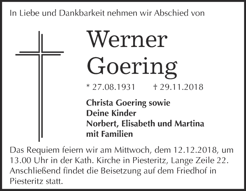  Traueranzeige für Werner Goering vom 08.12.2018 aus Super Sonntag Wittenberg