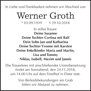 Traueranzeige von Werner Groth von WVG - Wochenspiegel Wittenberg
