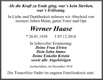Traueranzeige von Werner Haase von Mitteldeutsche Zeitung Aschersleben