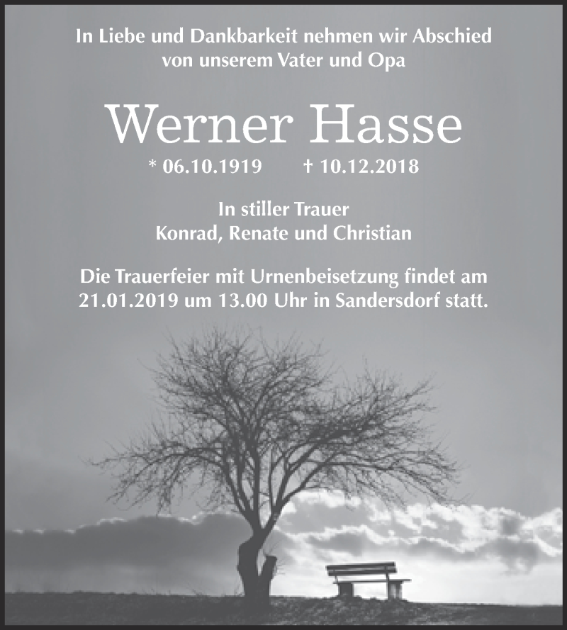  Traueranzeige für Werner Hasse vom 07.01.2019 aus WVG - Wochenspiegel Bitterfeld
