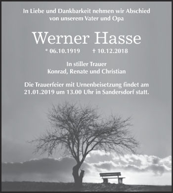 Traueranzeige von Werner Hasse von WVG - Wochenspiegel Bitterfeld