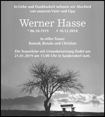 Traueranzeige von Werner Hasse von Mitteldeutsche Zeitung Bitterfeld