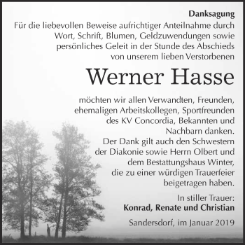 Traueranzeige von Werner Hasse von WVG - Wochenspiegel Bitterfeld