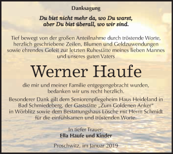 Traueranzeige von Werner Haufe von WVG - Wochenspiegel Wittenberg