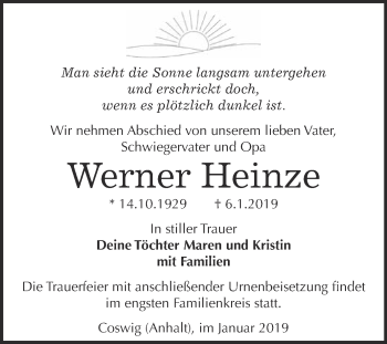 Traueranzeige von Werner Heinze von Super Sonntag Wittenberg