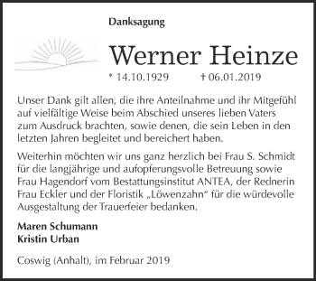 Traueranzeige von Werner Heinze von Super Sonntag Wittenberg