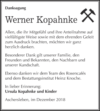 Traueranzeige von Werner Kopahnke von Super Sonntag Aschersleben