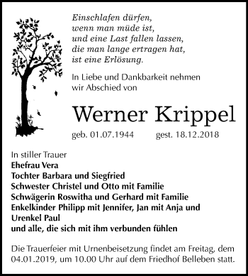 Traueranzeige von Werner Krippel von Mitteldeutsche Zeitung Bernburg