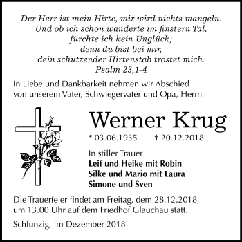 Traueranzeige von Werner Krug von Mitteldeutsche Zeitung Weißenfels