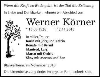 Traueranzeige von Werner Körner von Super Sonntag SGH Mansf. Land