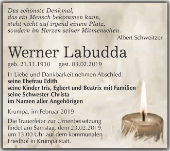 Traueranzeige von Werner Labudda von WVG - Wochenspiegel Merseburg