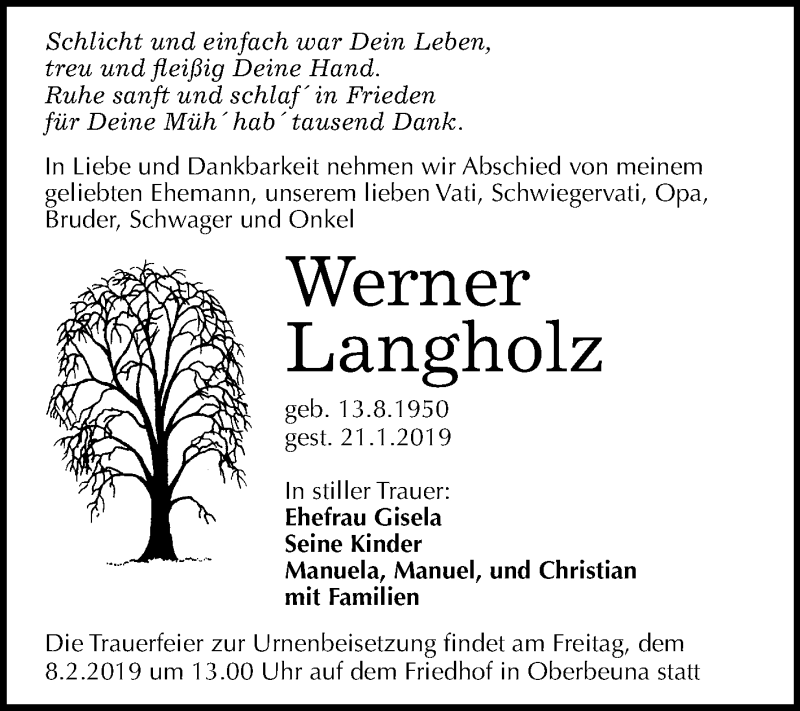  Traueranzeige für Werner Langholz vom 02.02.2019 aus Mitteldeutsche Zeitung