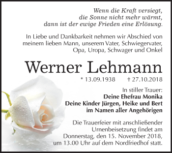 Traueranzeige von Werner Lehmann von Mitteldeutsche Zeitung Halle/Saalkreis