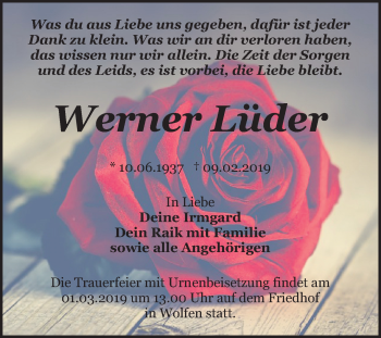 Traueranzeige von Werner Lüder von Mitteldeutsche Zeitung Bitterfeld