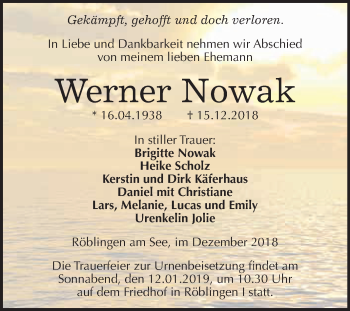 Traueranzeige von Werner Nowak von Super Sonntag SGH Mansf. Land