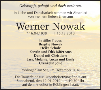 Traueranzeige von Werner Nowak von Mitteldeutsche Zeitung Aschersleben