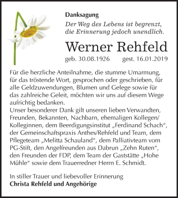 Traueranzeige von Werner Rehfeld von Mitteldeutsche Zeitung