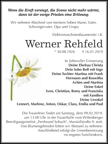 Traueranzeige von Werner Rehfeld von WVG - Wochenspiegel Wittenberg