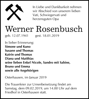 Traueranzeige von Werner Rosenbusch von Super Sonntag SGH Mansf. Land