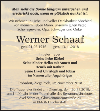 Traueranzeige von Werner Schaaf von Mitteldeutsche Zeitung Naumburg/Nebra