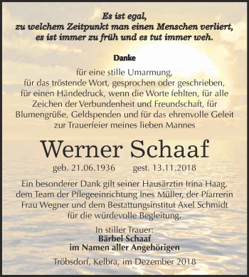 Traueranzeige von Werner Schaaf von WVG - Wochenspiegel NMB / WSF / ZTZ