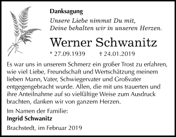 Traueranzeige von Werner Schwanitz von Mitteldeutsche Zeitung Halle/Saalkreis