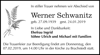 Traueranzeige von Werner Schwanitz von Mitteldeutsche Zeitung Halle/Saalkreis