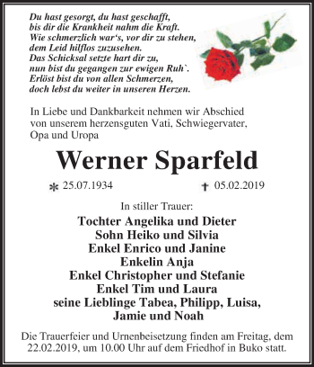 Traueranzeige von Werner Sparfeld von WVG - Wochenspiegel Dessau / Köthen